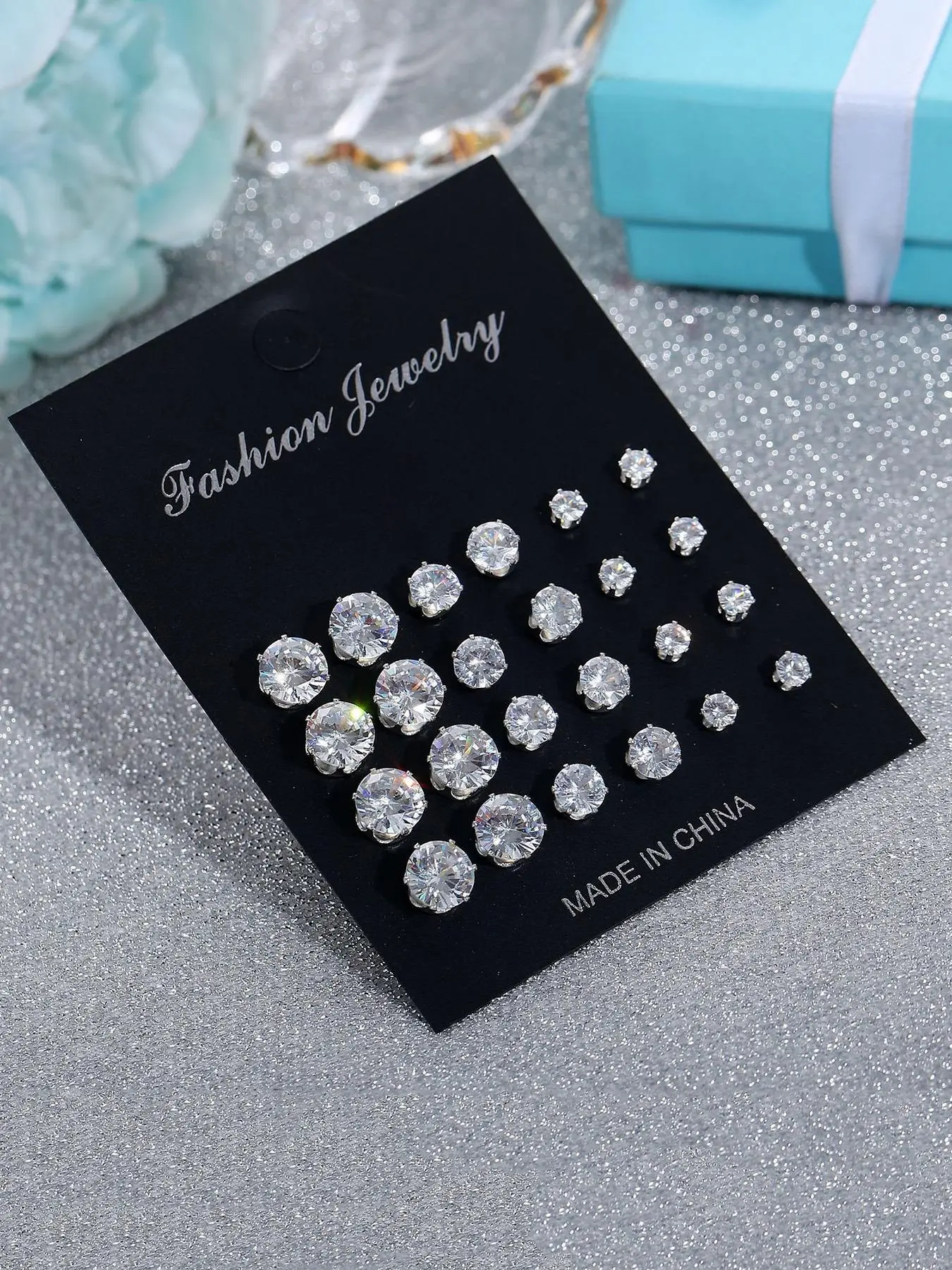 Sparkling Round Artificial Zircon Stud Earrings Combination Set, 12 Pairs Cute Exquisite Earrings Set, Simple Versatile Accessories for Men and Women