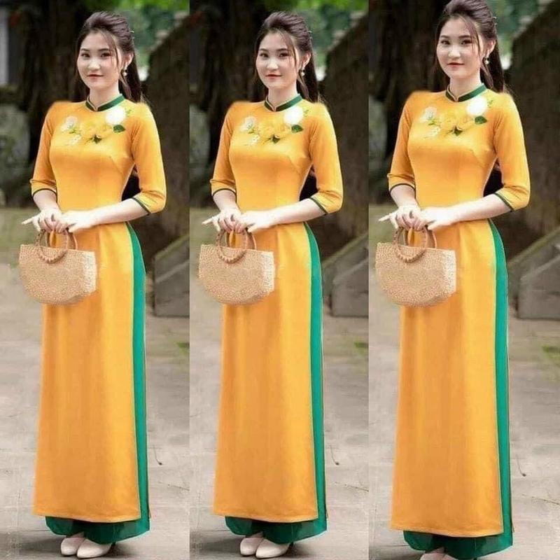 Áo Dài Vải Lụa mỹ màu Vàng Thêu Hoa cổ né Kem Nữ Women Dress Voan Voi Sen Bo Chun Hoa Sen