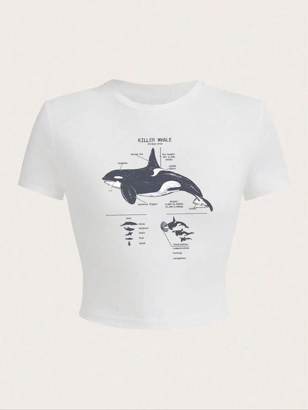 Women's Cartoon Whale Print Round Neck Graphic Tee, Vintage Trendy Casual Short Sleeve T-shirt For Daily Wear, Ladies Summer Outfit 2