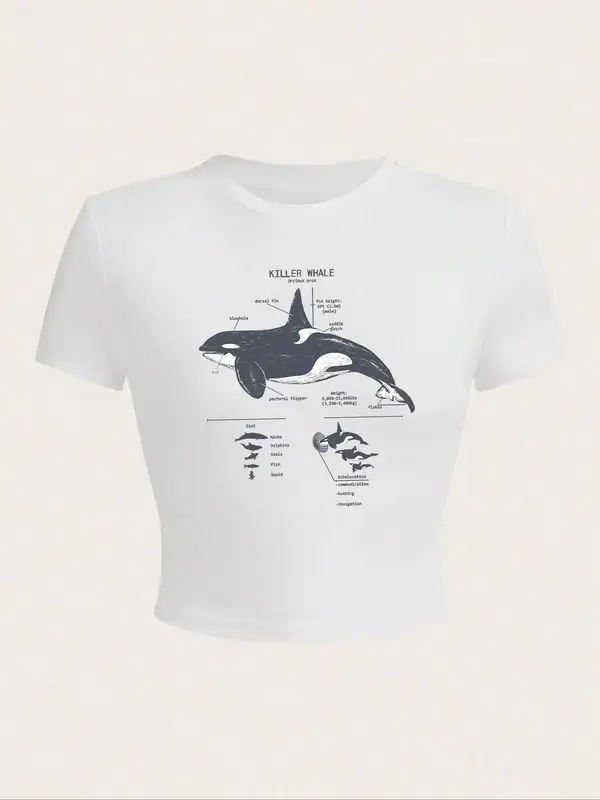 Women's Cartoon Whale Print Round Neck Graphic Tee, Vintage Trendy Casual Short Sleeve T-shirt For Daily Wear, Ladies Summer Outfit 2
