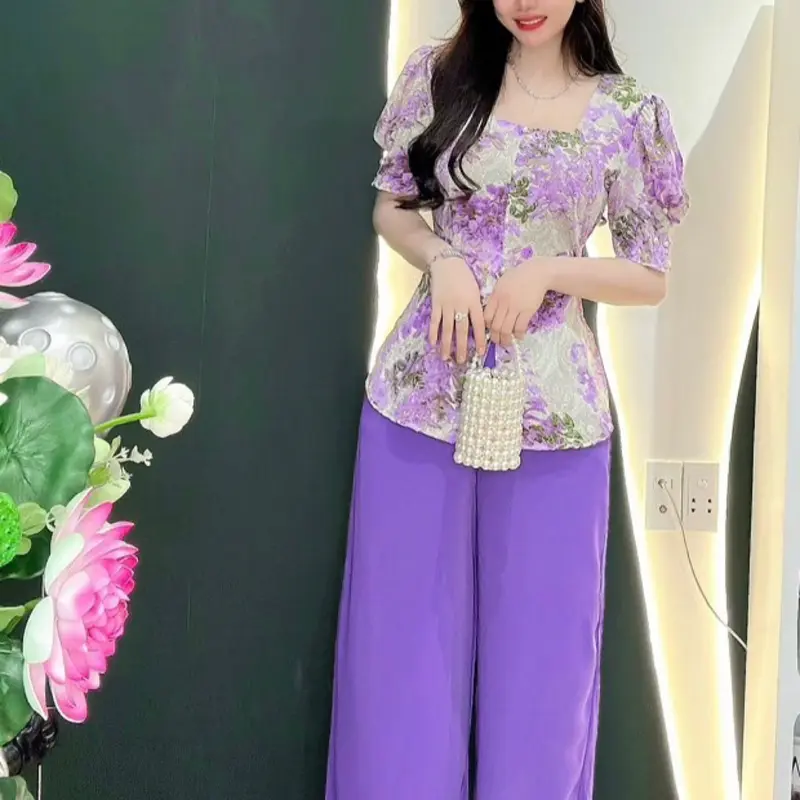 Bộ Quần Áo Bà Ba Nữ  Cổ Vuông Tay Ngắn Phồng Nút Ngọc Top 4