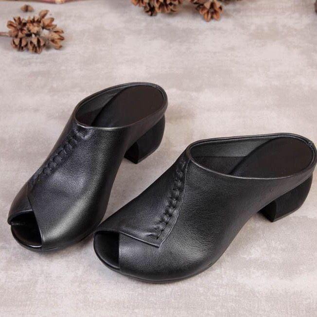 Dép Lê Ngoài Trời, Da Thật Cổ Điển Hở Mũi, Gót Trung Bình Đế Mềm, Thời Trang, Gót Chunky, Dễ Phối Đồ, Dép Lười Nửa Gót, Dành Cho Nữ 3