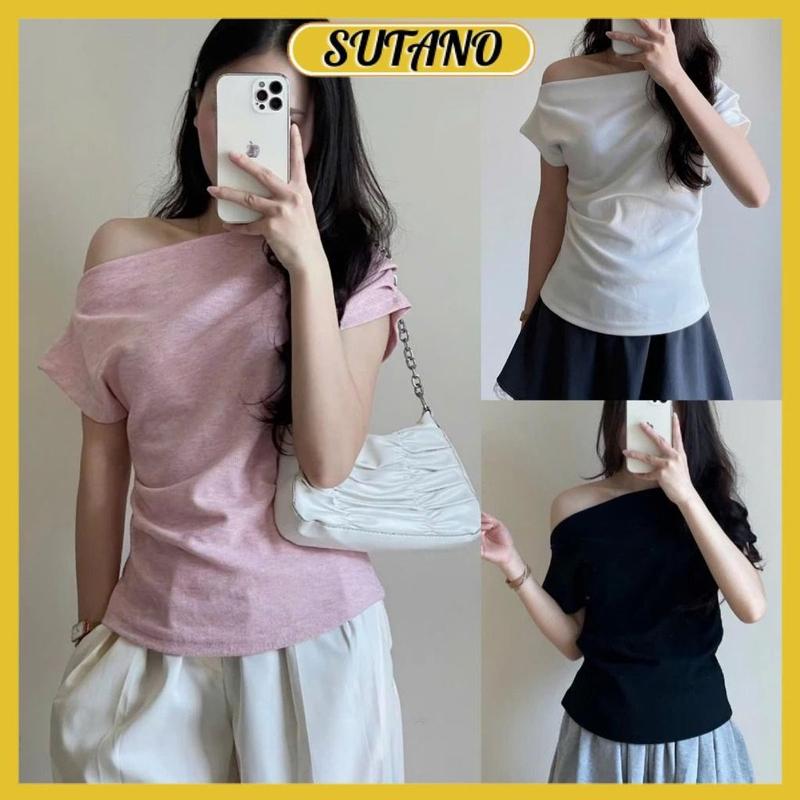 Áo Thun Lệch Vai Xếp Ly, Áo Kiểu cánh rơi Sườn Nhún Eo Điệu Đà, Áo Phông Form Vừa Chất Vải lông thỏ cao cấp A383 SUTANO
