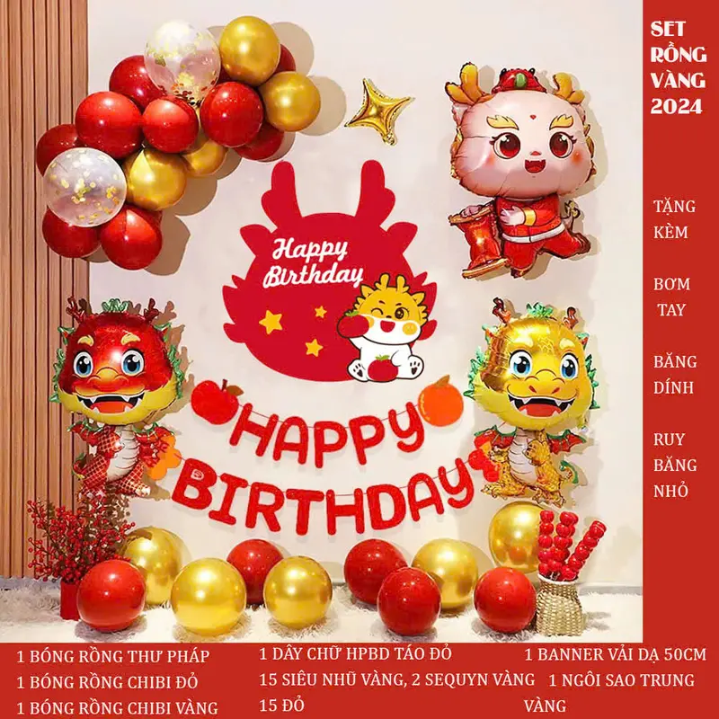 Combo Set Bóng Bay Trang Trí Sinh Nhật Tuổi Rồng Vàng 999 Cho Bé Trai Và Bé Gái Tại Nhà Dễ Làm 1