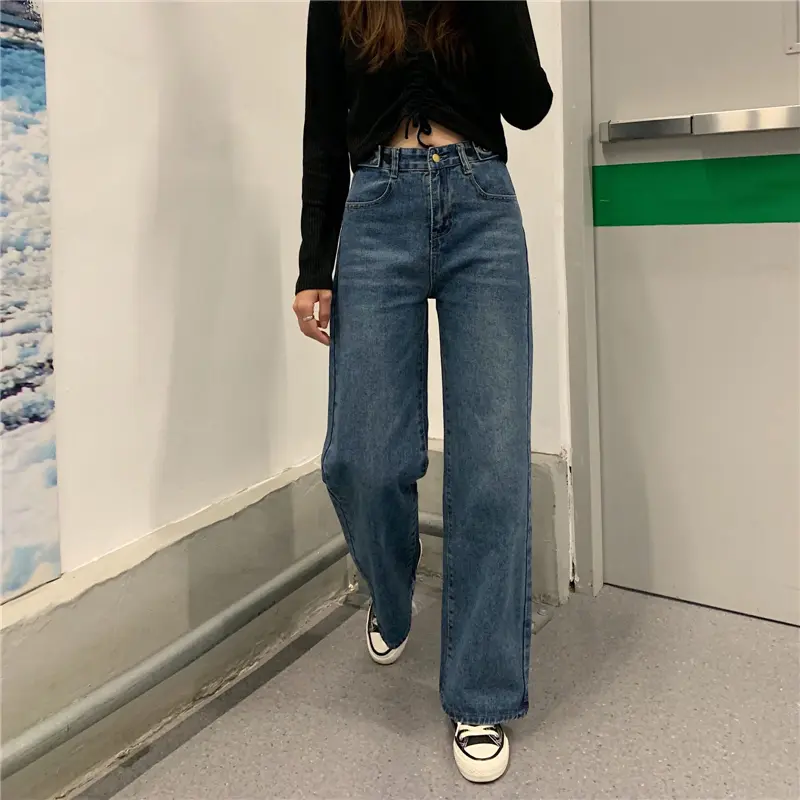 Korean style biru laut vintage loose straight high waist celana jeans wanita(gambar fisik)--8093 1