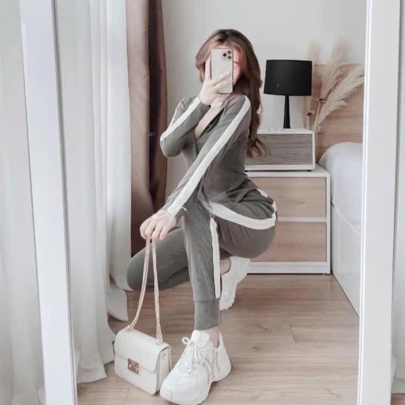  Ma 135 sét bộ ÁO KHOÁT CÓ NÓN THÊU quần dài ống bo Nữ Women 