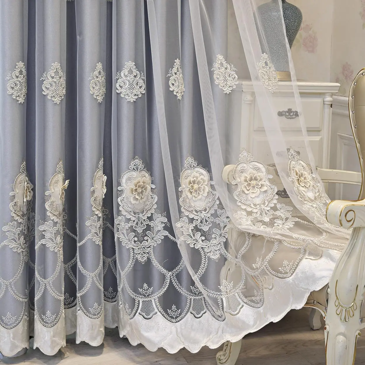 Flower Embroidery Curtain, 1 Count Double Layer Curtain, Window Drapes, Home Decor for Living Room Bedroom, Home Decor