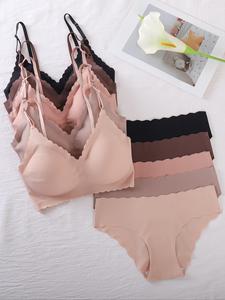 Conjunto de sujetador acolchado removible y calzoncillo en color sólido para mujer, conjunto de lencería cómodo y transpirable con ribete festoneado para uso diario, conjunto de ropa interior para mujer