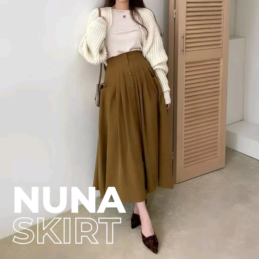 Nuna Skirt Rok Wanita Panjang A-Line Katun Twill Polos Kancing Depan Pinggang Karet Variasi Cantik Nyaman