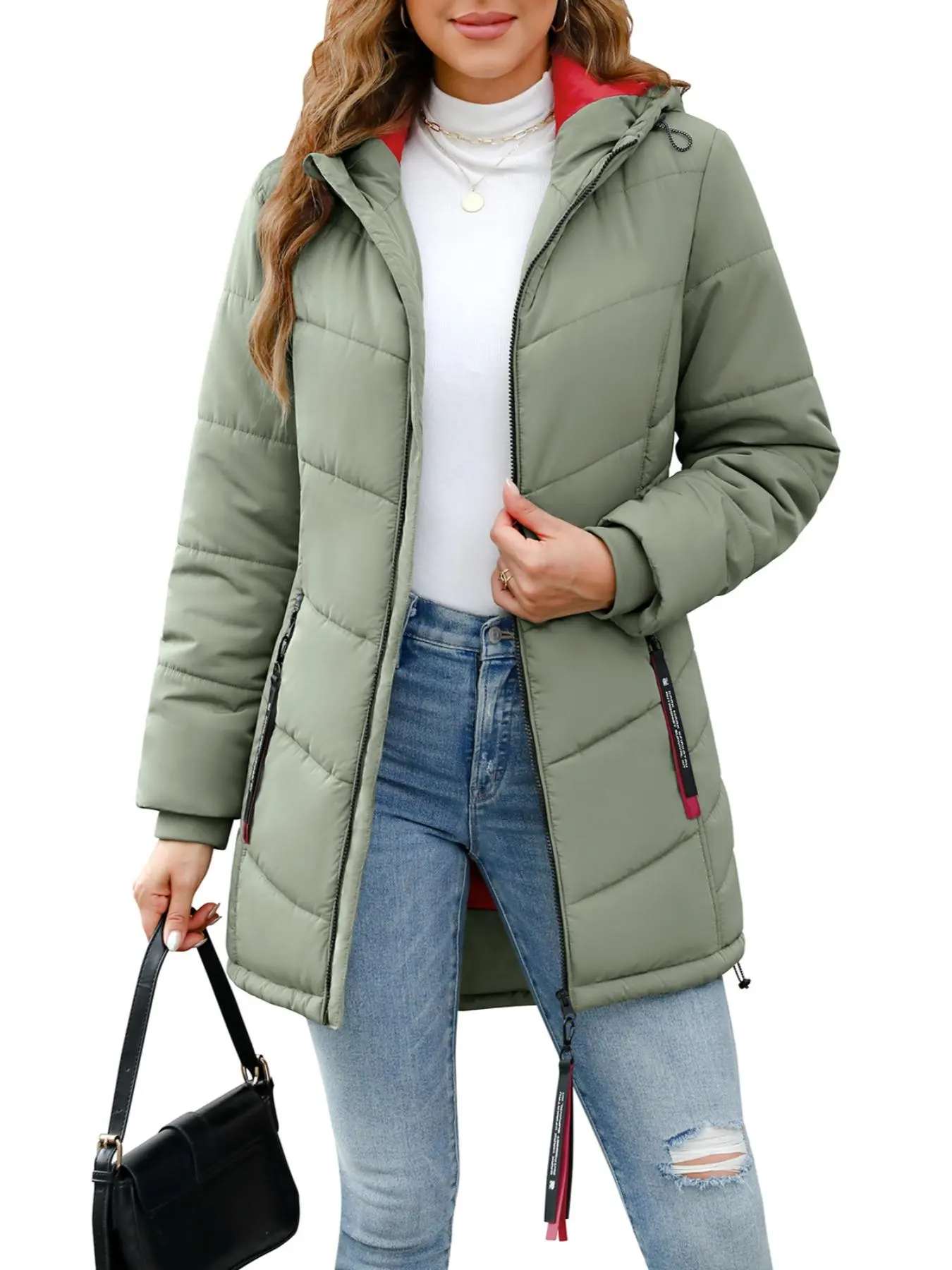 Women's Solid Drawstring Pocket Zip Up Hooded Quilted Jacket, Casual Long Sleeve Outerwear for Fall & Winter, Ladies Clothes for Daily Wear, Coats for Women