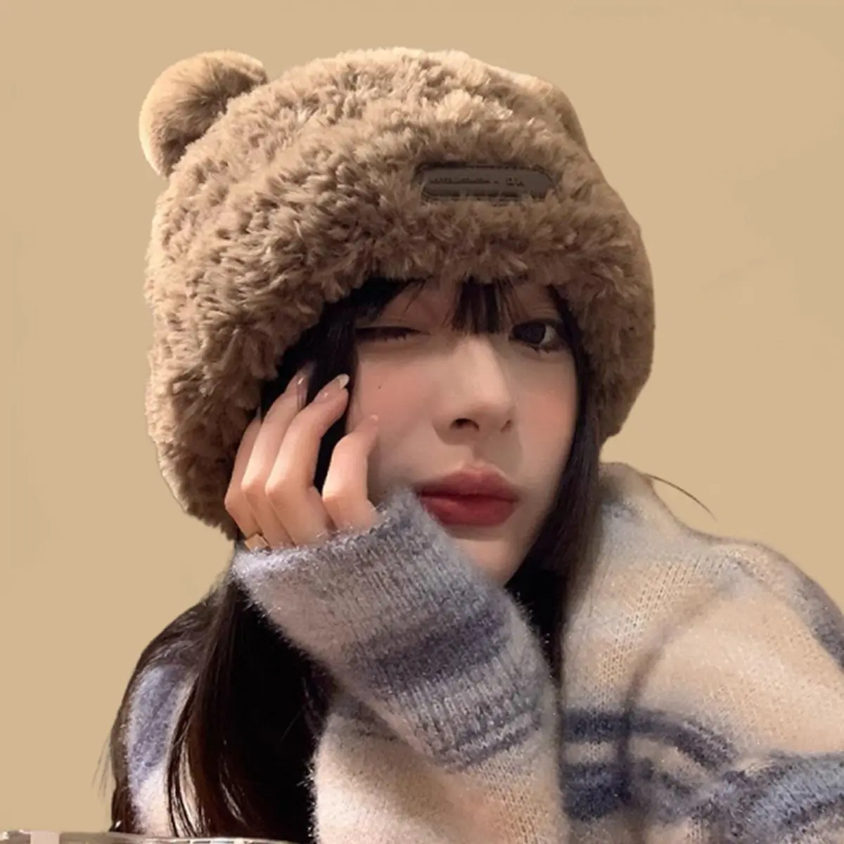 หมวกไหมพรม หมวกตุ๊กตาหมี น่ารัก ฤดูหนาว มาใหม่ สำหรับผู้หญิง อบอุ่น หนา มีหู หมวกป้องกันหู เหมาะสำหรับรอบศีรษะใหญ่
