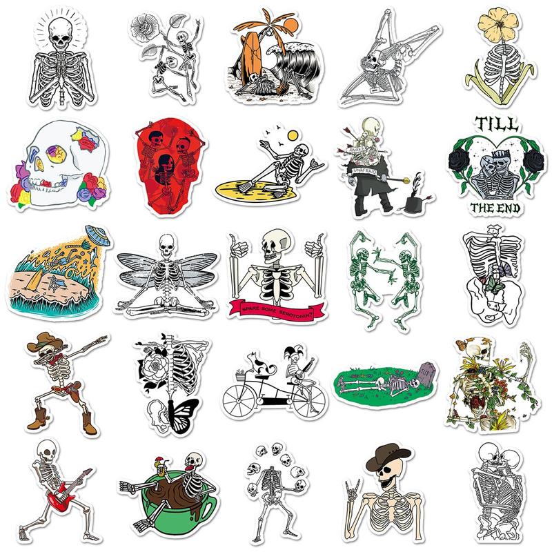 Creative Skull Pattern Sticker, 50pcs Waterproof Self Adhesive Decor Paper, Decor Sticker For Gift Greeting Card Waterbottle Laptop Phone 2