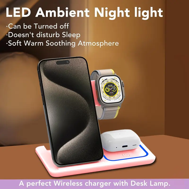 3 in 1 Wireless Fast Charging Stand, 15W Wireless Intelligent Identification Charger, Foldable Storage Travel Charger for Desktop Office Business Trip 3