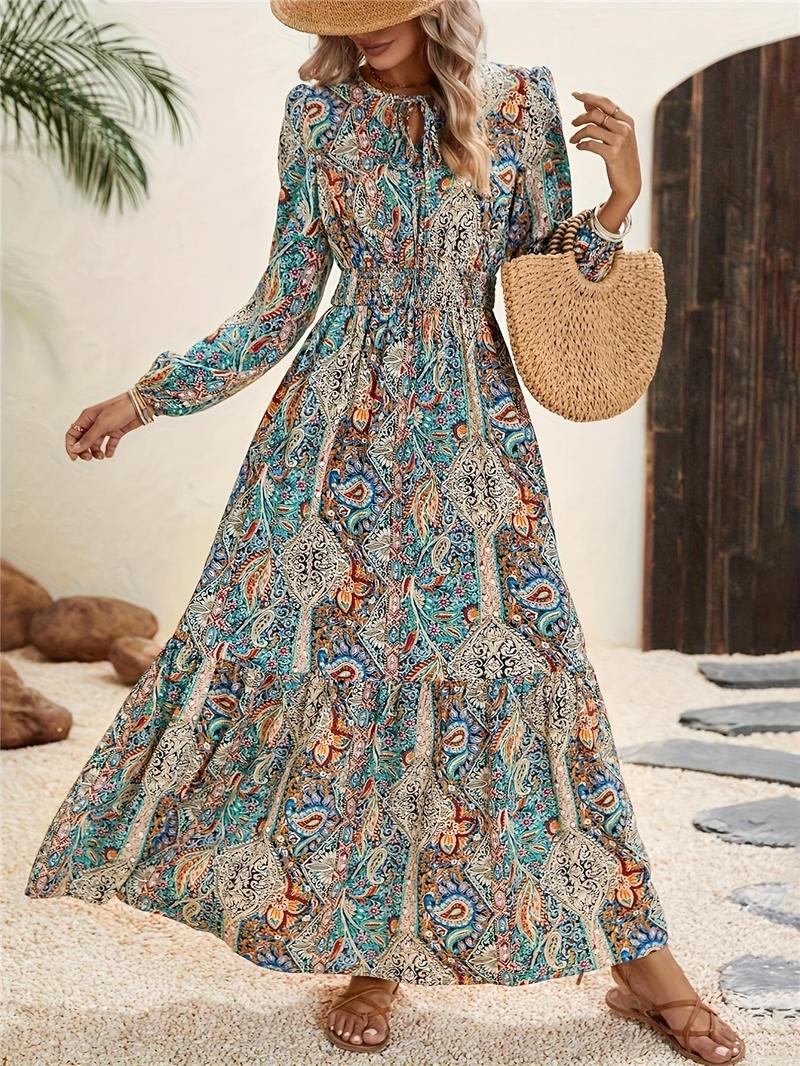 Product Introduction of 【Plus Size】 Ethnic Pattern Shirred Tie Neck A Line Dress, Boho Bishop Sleeve Long Dress for Spring & Fall, Women's Clothes for Vacation Holiday Beach 5