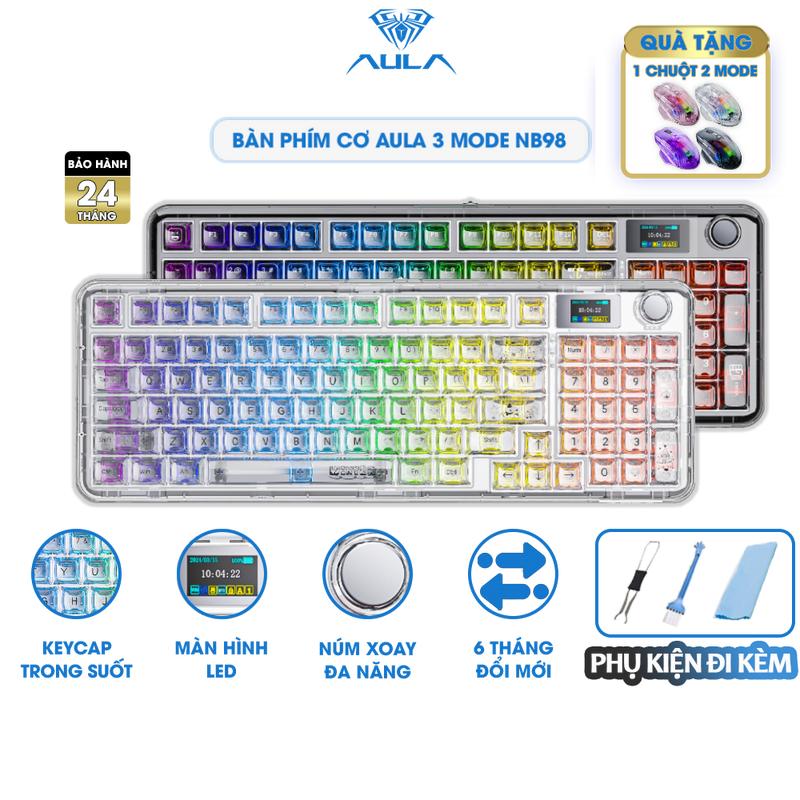 Bàn Phím Cơ 3 Mode AULA F-NB98 Gaming Có Màn Hình Led Núm Xoay Keycap Trong Suốt Led RGB Chơi Game
