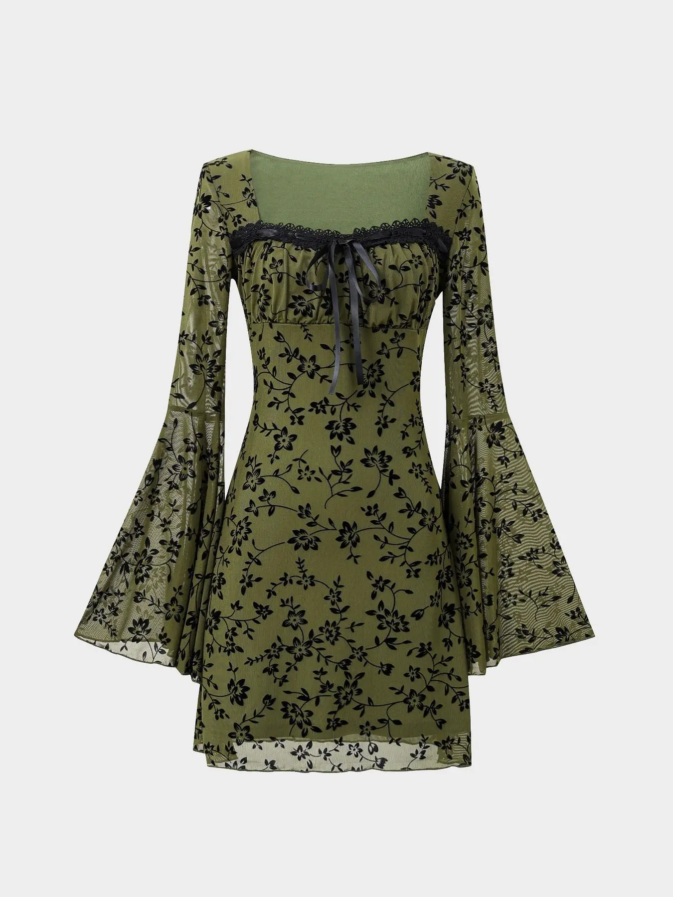 Women's Floral Print Lace Trim Flounce Sleeve Dress, Elegant Long Sleeve Dress for Spring & Fall, Women's Clothing for Daily Wear