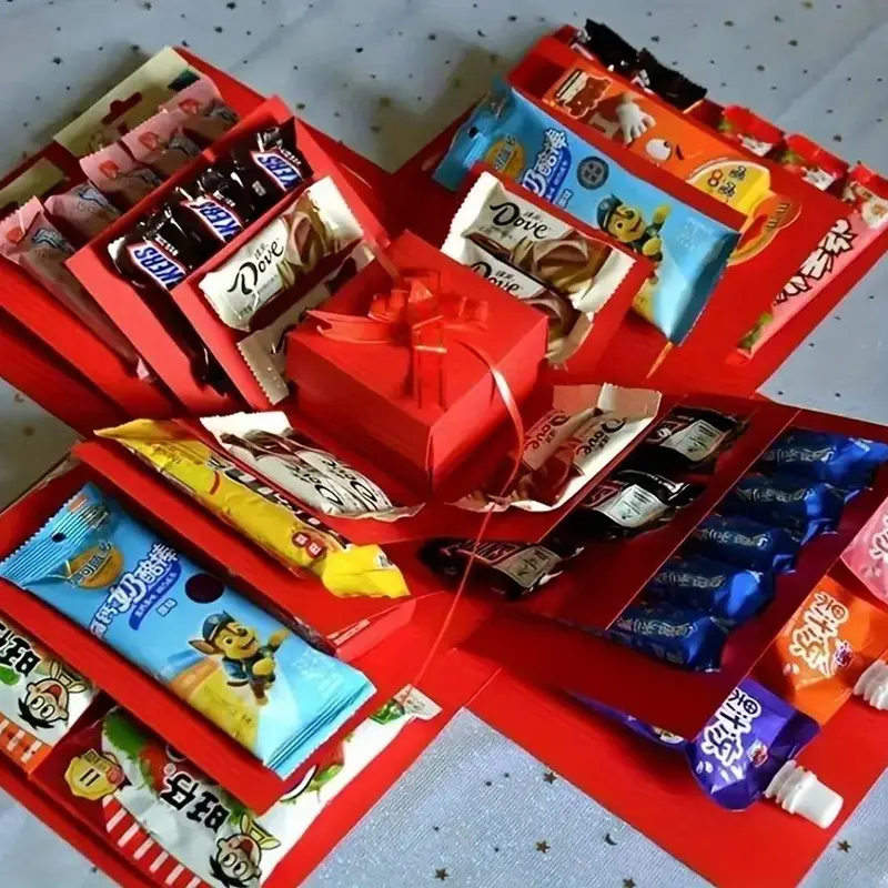 Product Introduction of 5-Story Surprise Explosion Gift Box with Ribbon, Multi-Pocket Snack & Candy Storage, Perfect for Birthdays, Festivals, Holidays 13