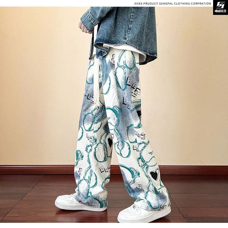 Product Introduction of 2024 Pants Trendy Brand Pu Shuai Fried Street Men's Autumn Vintage Vintage Casual Pants American Retro Graffiti Full Printed Wide-Leg Pants 9