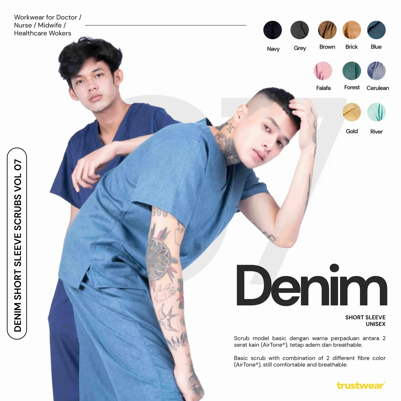 TRUSTWEAR - Denim Doctor’s Scrub / Set Baju Celana Jaga  OKA OK Perawat / Dokter Lengan Pendek VII