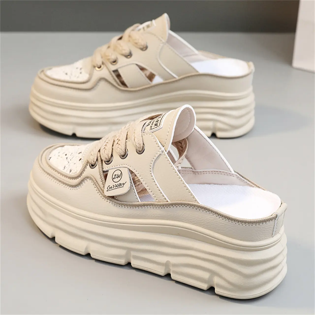 Women's Breathable Platform Mule Sneakers Casual Cutout Design Lace Up Shoes Comfortable Summer Shoes