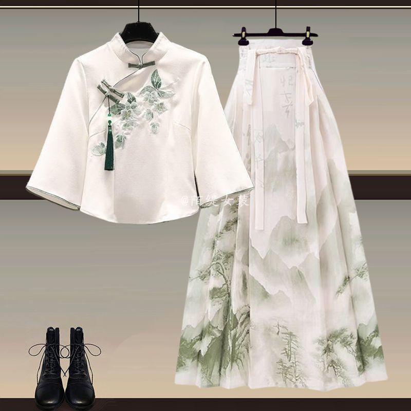 Product Introduction of Áo Khoác Và Váy Hanfu Trung Quốc Phong Cách Manbo, Màu Xanh Bạc Hà, Dành Cho Nữ, Bộ Váy Vẻ Mặt Ngựa Phong Cách Quốc Gia Mới Mùa Hè 2024 Women Dress Khuy 6
