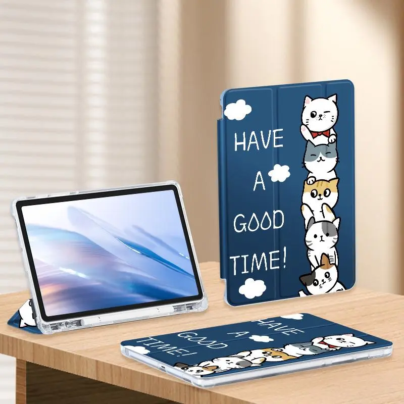 Cartoon Cat Pattern Tablet Case with Pen Slot, Auto Sleep/Wake Up Tablet Protective Cover, Multi-angle Support Tablet Protector for iPad 3