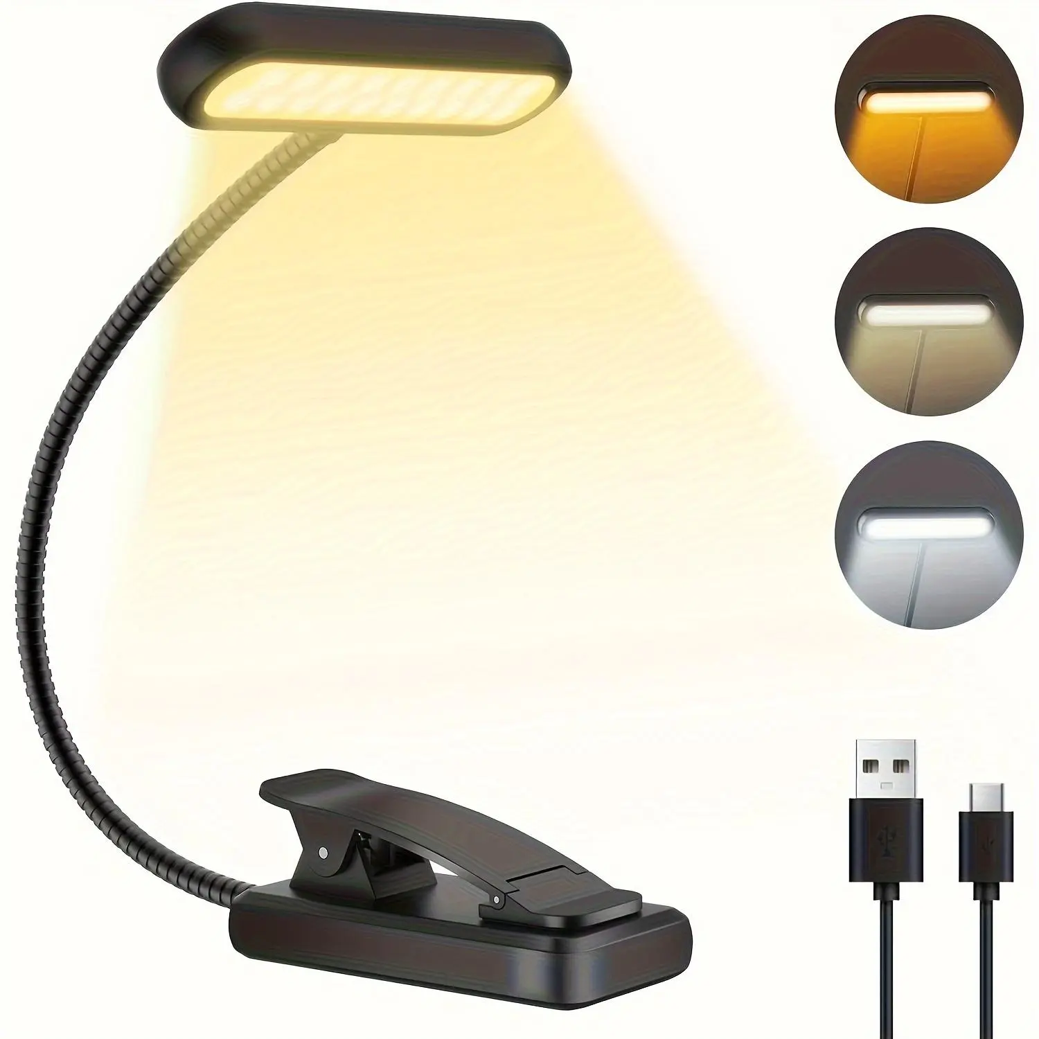 USB Rechargeable LED Book Light, 1 Count 3 Colors Temperature Dimmable Reading Light, Adjustable Arm Button Control Learning Special Book Light