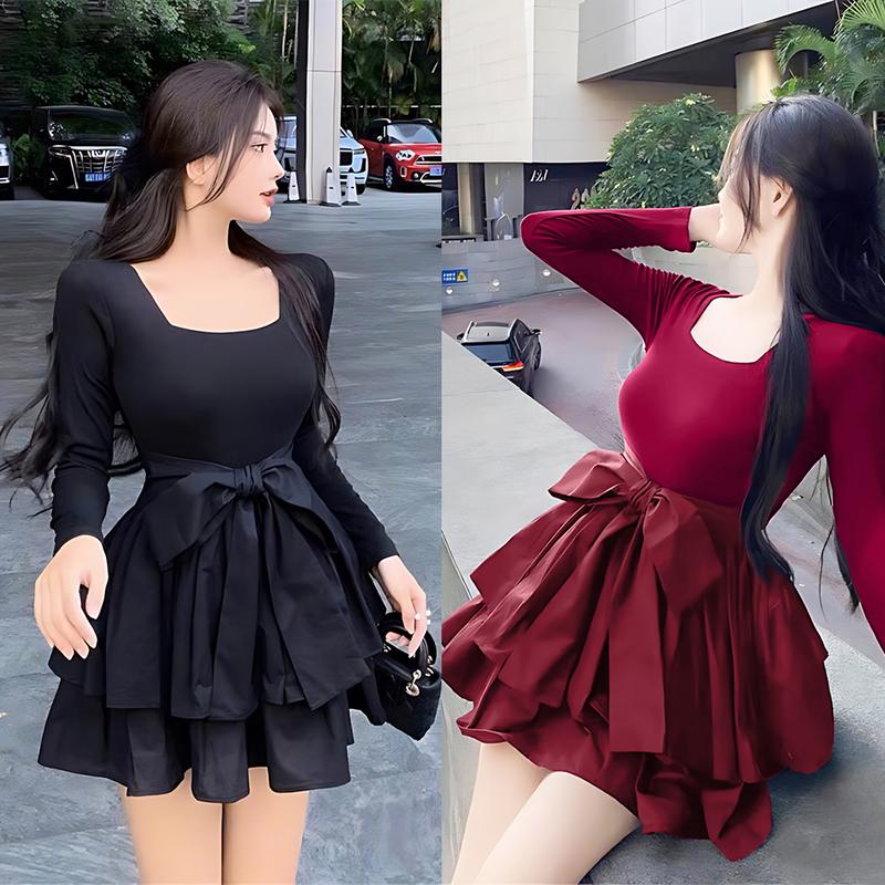 Mẫu Hot Đầm Váy Nữ Tay Dài Bigsize 50-95kg Chất Thun Tăm Phối Lụa DV003 Nhung Cotton Dress Đen Dự Tiệc Noel Tết