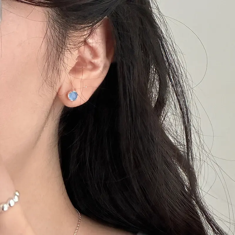 Simple design 925 silver round blue crystal earrings for women's new style light luxury exquisite Female earrings fresh party jewelry gift