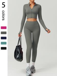 Two-Piece Set Women's Solid Zip Up Crop Jacket & High Waist Leggings Tracksuit Set, Sporty Breathable Comfy Outfits for Yoga Gym Workout Running, Ladies Sportswear for All Seasons