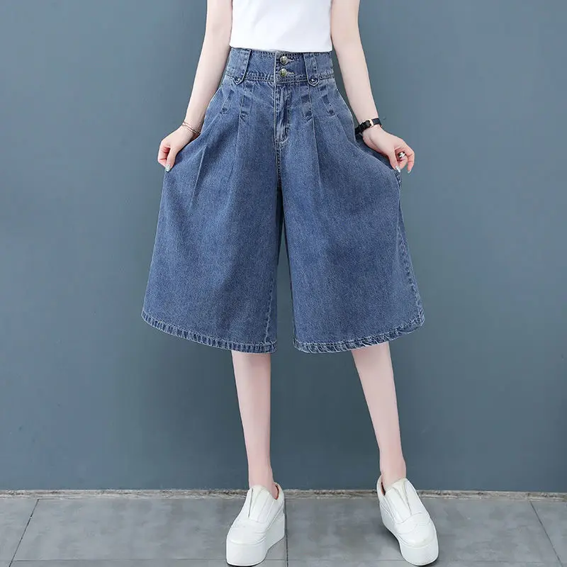 Quần Cropped Xén, Phong Cách Mùa Hè, Cạp Cao, Thẳng Và Dáng Rộng Rãi, Mỏng Và Ôm Sát, Quần Short Jean Ống Rộng, Hàng Mới Về Năm 2024