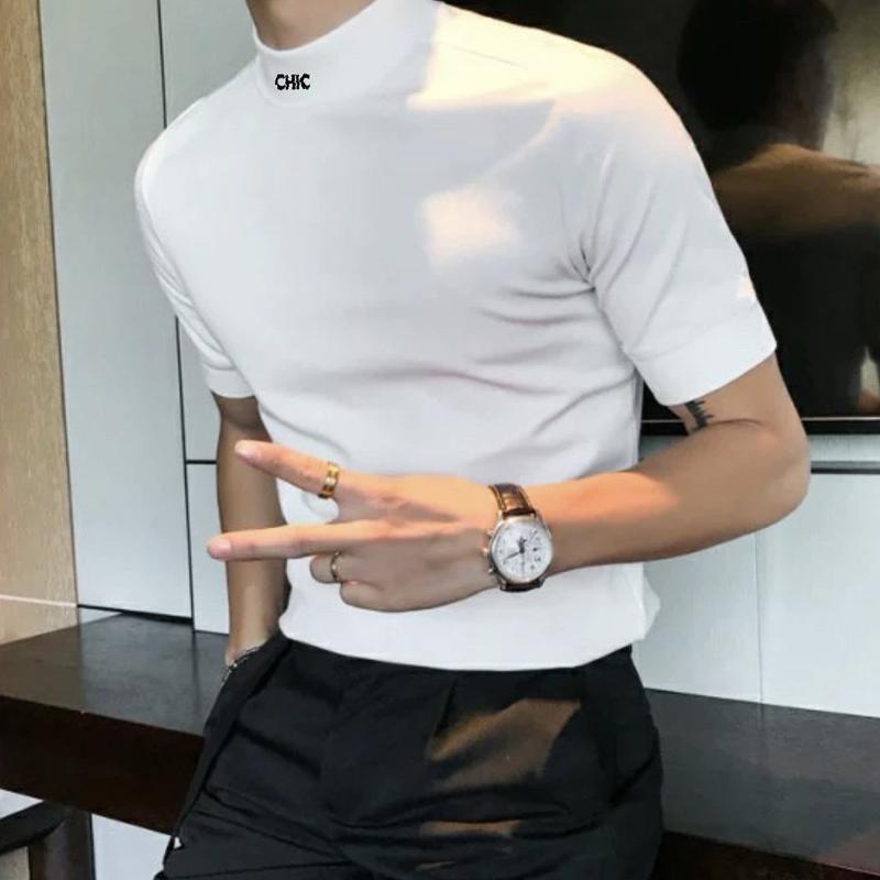  Áo thun Cổ cao thun INA basic và thêu CHIC IBENXOPI Unisex Menswear Cotton 