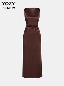 YOZY Women's Solid Backless Satin Dress, Elegant Fashion Casual Sleeveless Dress for Party Dating Wear, Ladies Dress for All Seasons