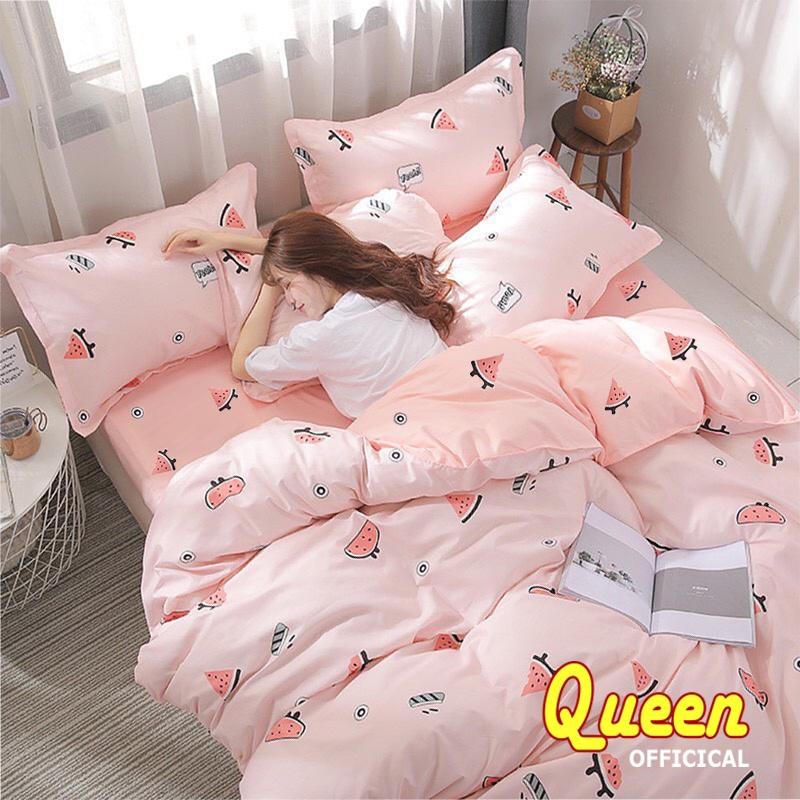 combo 4 món GA GỐI VỎ CHĂN m2/m4/m6/m8/2m2 cotton poly 4 mùa, ga giường dưa hồng, dưa hấu cute - vn
