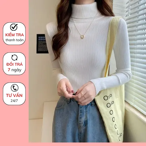 Áo len tăm cổ lọ 7cm dài tay dáng ôm body giữ nhiệt co dãn cho nữ Women áo  len áo  len Top Nhung 0