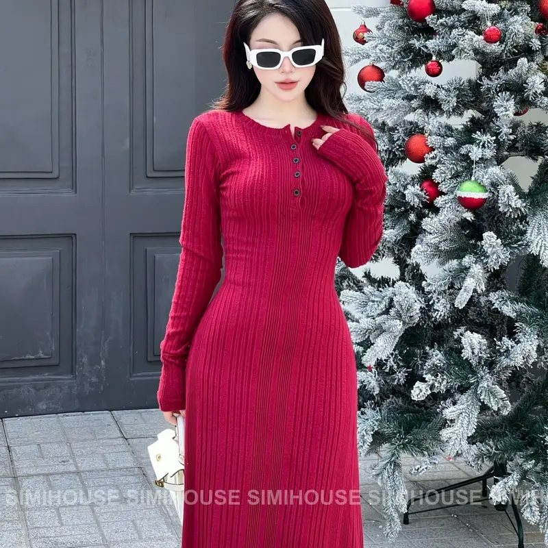 VÁY BODY LEN ĐŨA BÔNG TAY DÀI DÁNG XOÈ / Đầm body len bông TAY DÀI Form xoè che khuyết điểm Dress Women Cổ Trụ 2