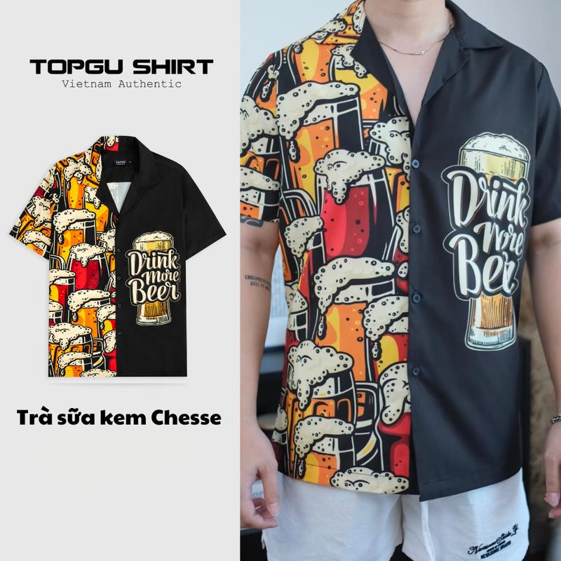 Áo sơ mi TOPGU họa Trà sữa Kem Cheese vải lụa thoáng mát. Nam Menswear Shirt Cổ Tròn