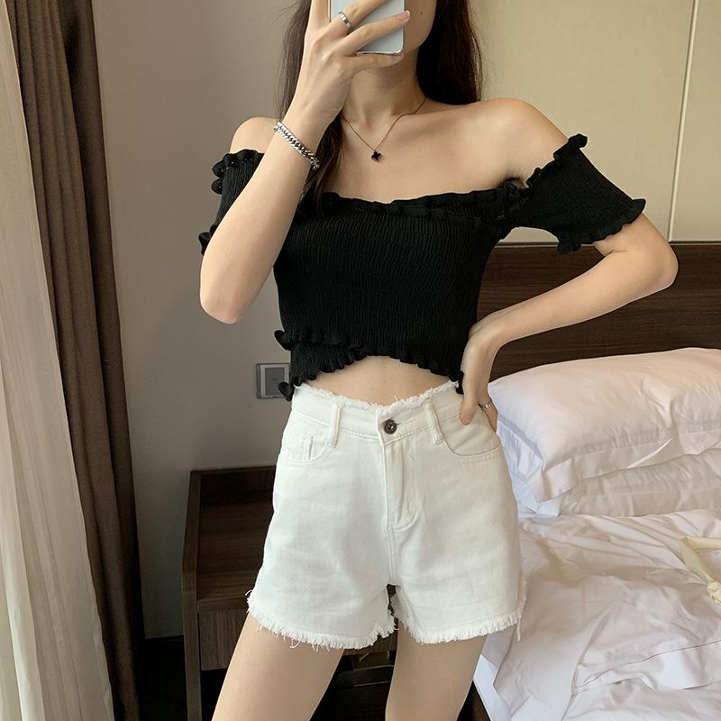 Product Introduction of Áo Sơ Mi Rốn Ngắn, Phong Cách Hồng Kông, Bó Sát, Cạp Cao, Cổ Chữ V, Trễ Vai, Áo Vest Len, Dành Cho Nữ, Trang Phục Mùa Hè 19