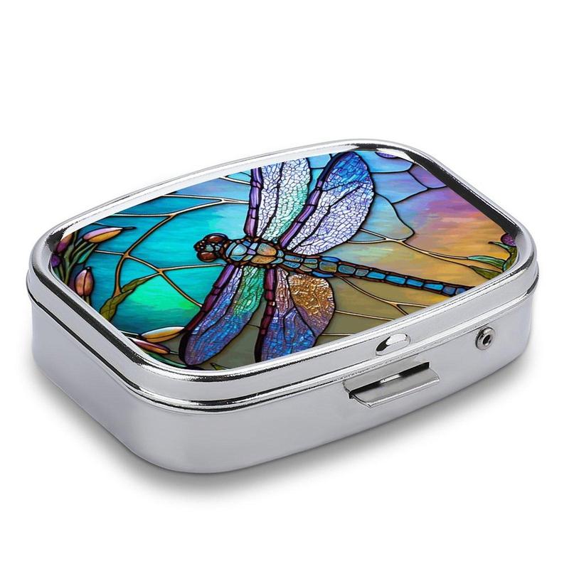 Dragonfly Pattern Pill Box, 1 Count 2 Compartment Portable Medicine Storage Box with Mirror,  Decorative Metal Medicine Vitamin Organizer for Pockets Purses Travel Office Dormitory 2
