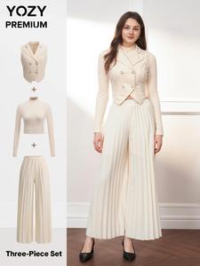 YOZY Women's Solid Double Button Lapel Vest Blazer & Pleated Pants & Stand Collar Top Three-piece Set, Elegant Fashion Casual Outfits for Work Office Business, Ladies Fall & Winter Clothes