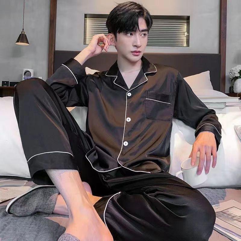 Bộ Đồ Ngủ Nam, Chất Liệu Lụa Lạnh Dài Tay, Mỏng Và Rộng, Ngoại Cỡ, Thích Hợp Cho Mùa Xuân Và Mùa Thu, Mặc Nhà, Bộ Đồ Lụa Thường Ngày Mùa Hè, Có Sẵn Cho Mùa Thu Và Mùa Đông Áo Menswear Nhung 1