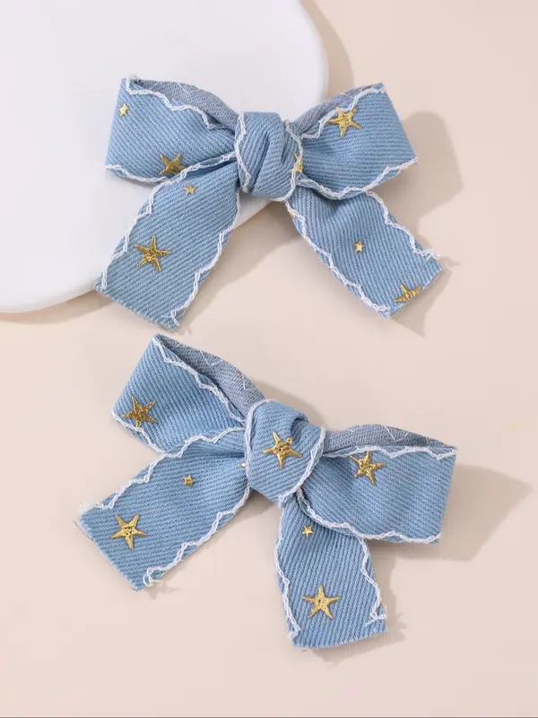 Cute Star Pattern Hair Bows, Denim Hair Bows, Fashionable Hair Accessories for Girls, Minimalist Headwear Suitable for Thick Hair 0
