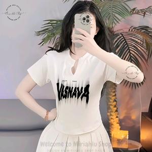 Áo Thun Lửng Nữ Cổ Trụ Chữ V In Chữ Vasnava, Chất Vải Thun Borip, Voan Women Top Trắng Lịch Polo