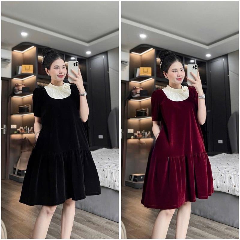   V84 XÃ KHO  Váy Nhung Cổ Nơ Dáng Suông Nữ Voi Voan KHO SỈ BẢO NGỌC 