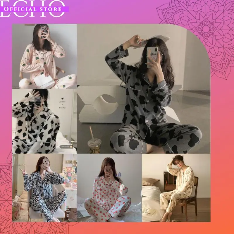 ECHO B26 - BAJU TIDUR PIYAMA SET KEMEJA CP LENGAN PANJANG CELANA PANJANG IMPORT PIYAMA KEMEJA BAJU TIDUR WANITA