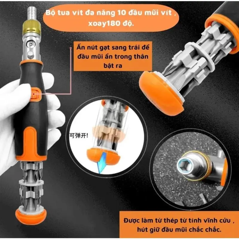 Tô Vít Xoay Đầu Kèm Mũi Vít Nhật Bản FUKUOKA FO-9005X - 180mm, thân phi 6mm, tay bọc cao su, nam châm hút mạnh 6