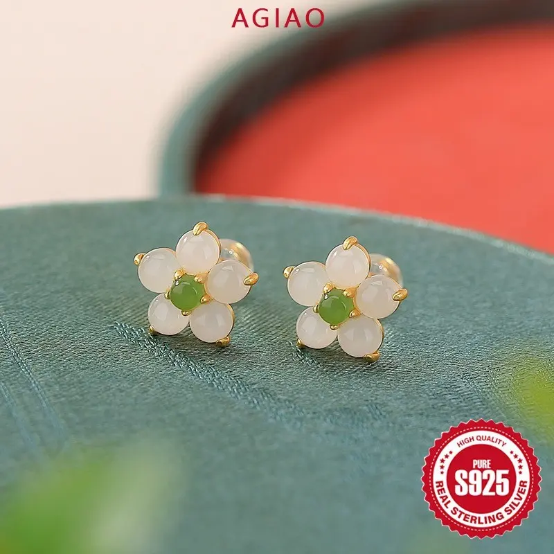 AGIAO Anting-anting Bunga Persik Chalcedony Hijau Lapisan Emas Jade Hetian Anting-anting Wanita