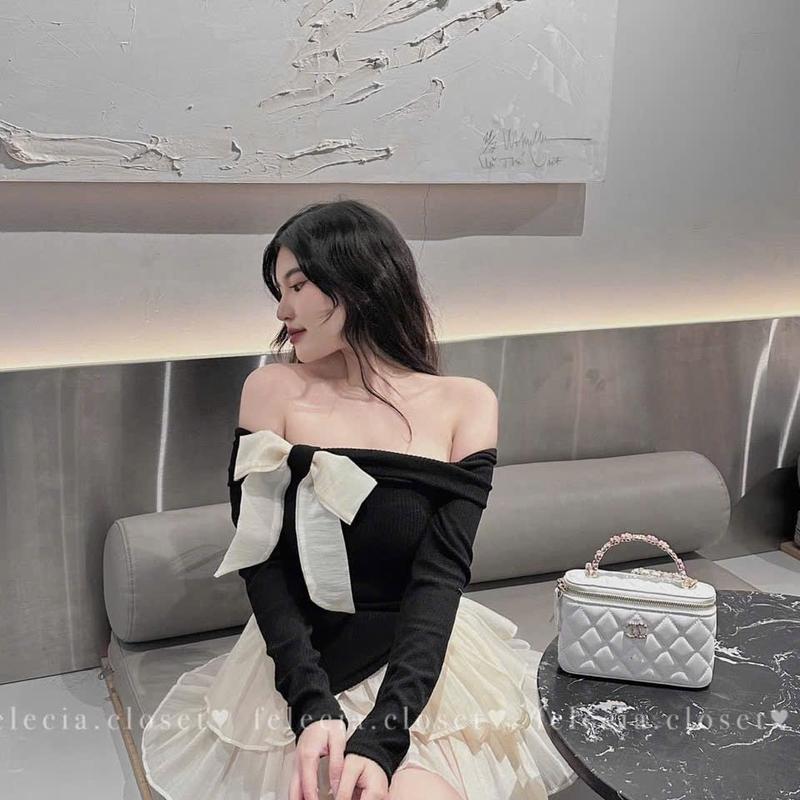 Sét áo thun tăm trễ vai - Chan váy tơ tầng 1