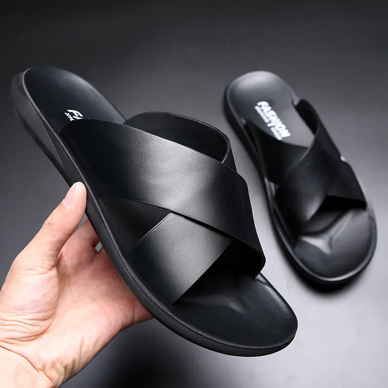 Leather Slippers For Men New Hotel Beach Summer Shoes High Quality Big Size  Slip On Light Flats Male Flip Flops 2024
