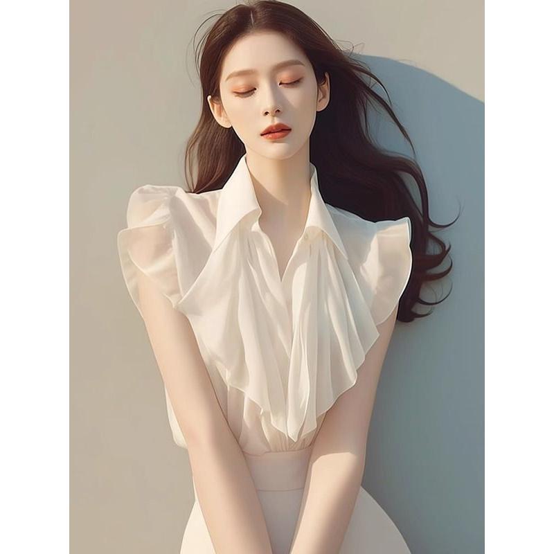 Áo Sơ Mi Trắng Xếp Nhún Cổ Polo Phong Cách Pháp, OOTD, Dành Cho Trang Phục Mùa Hè Của Phụ Nữ, Thiết Kế Đẹp, Dáng Rộng Vừa Vặn, Áo Sơ Mi Bó Sát Áo Tay Phồng, Thích Hợp Cho Nơi Làm Việc, Mùa Học, Nam Và Nữ, Hiệu Suất Chi Phí Shirt Women